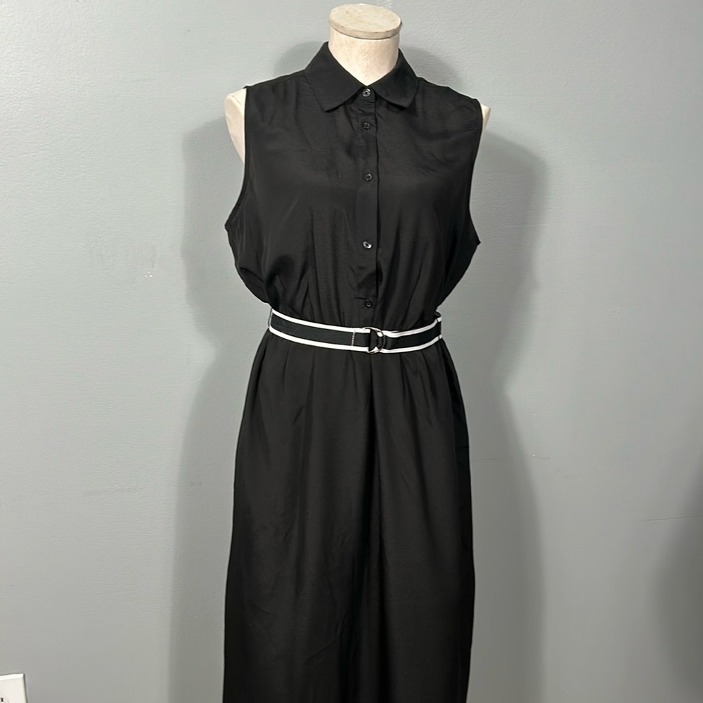 Vintage Tina Knowles Black Shirt Dress Top Belted Maxi Dress size 12-14